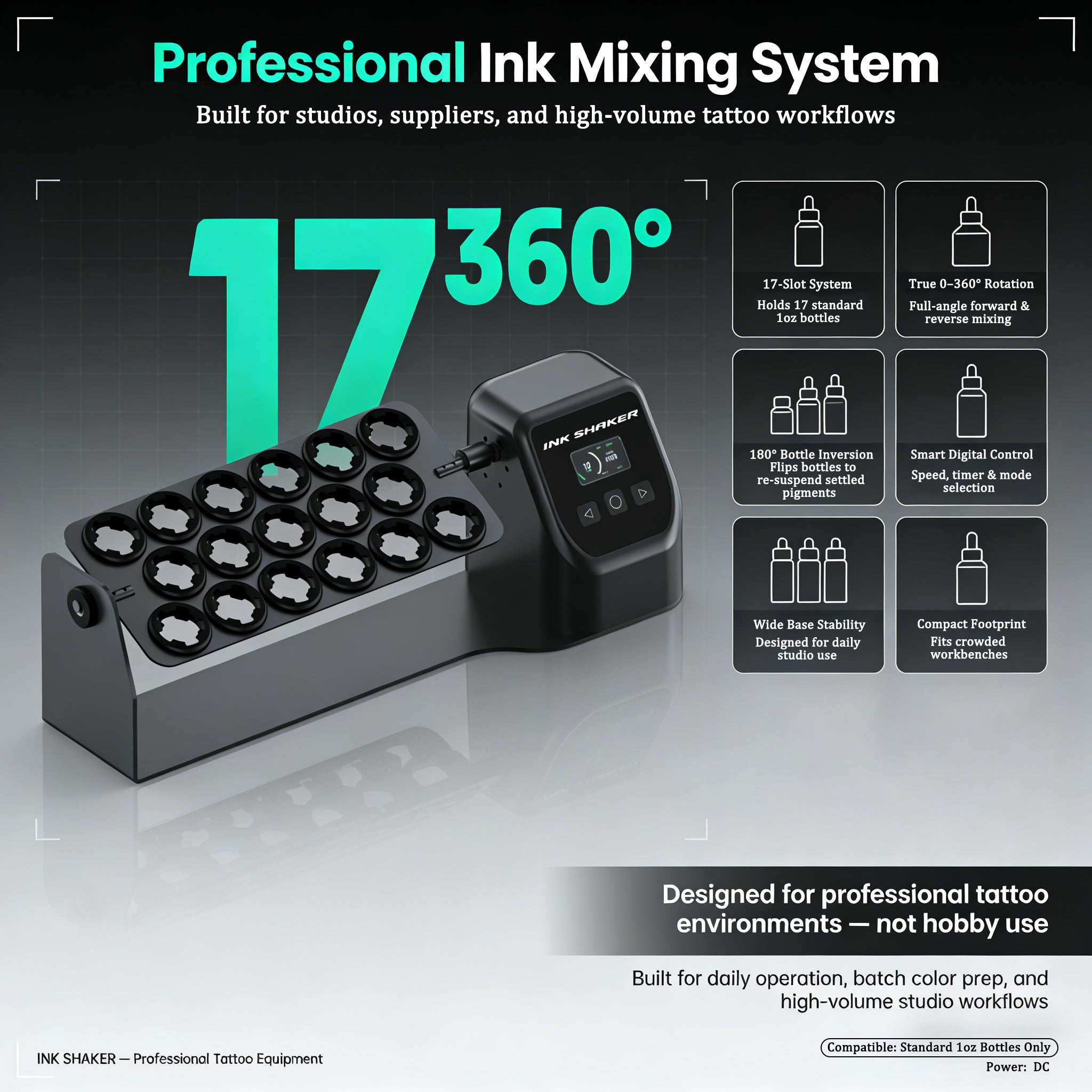 INKTAKO Tattoo Ink Shaker, 17-Slot Large Capacity Tattoo Ink Mixer Machine, Adjustable Speed & Timer, Even Pigment Mixing for 1 oz Ink Bottles, Professional Tattoo Studio Supply