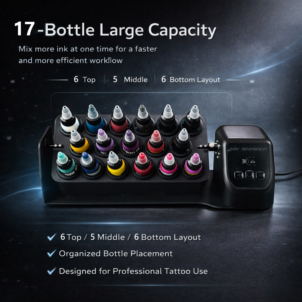 INKTAKO Tattoo Ink Shaker, 17-Slot Large Capacity Tattoo Ink Mixer Machine, Adjustable Speed & Timer, Even Pigment Mixing for 1 oz Ink Bottles, Professional Tattoo Studio Supply