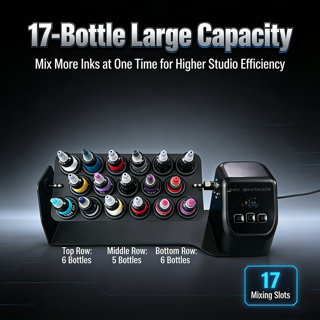 INKTAKO Tattoo Ink Shaker, 17-Slot Large Capacity Tattoo Ink Mixer Machine, Adjustable Speed & Timer, Even Pigment Mixing for 1 oz Ink Bottles, Professional Tattoo Studio Supply